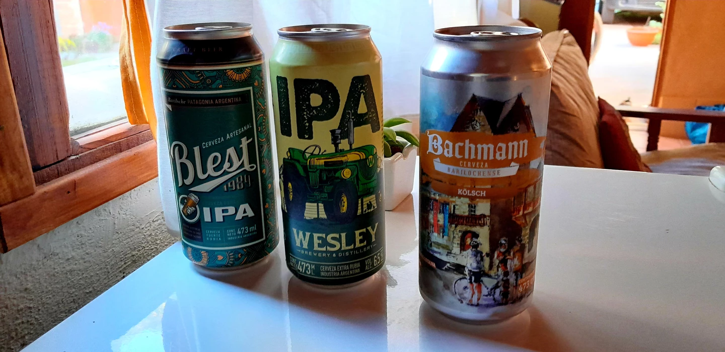 Drei Bierdosen von Blest IPA, Wesley Brewery und Bachmann Kölsch auf weißer Ablage vor Fenster