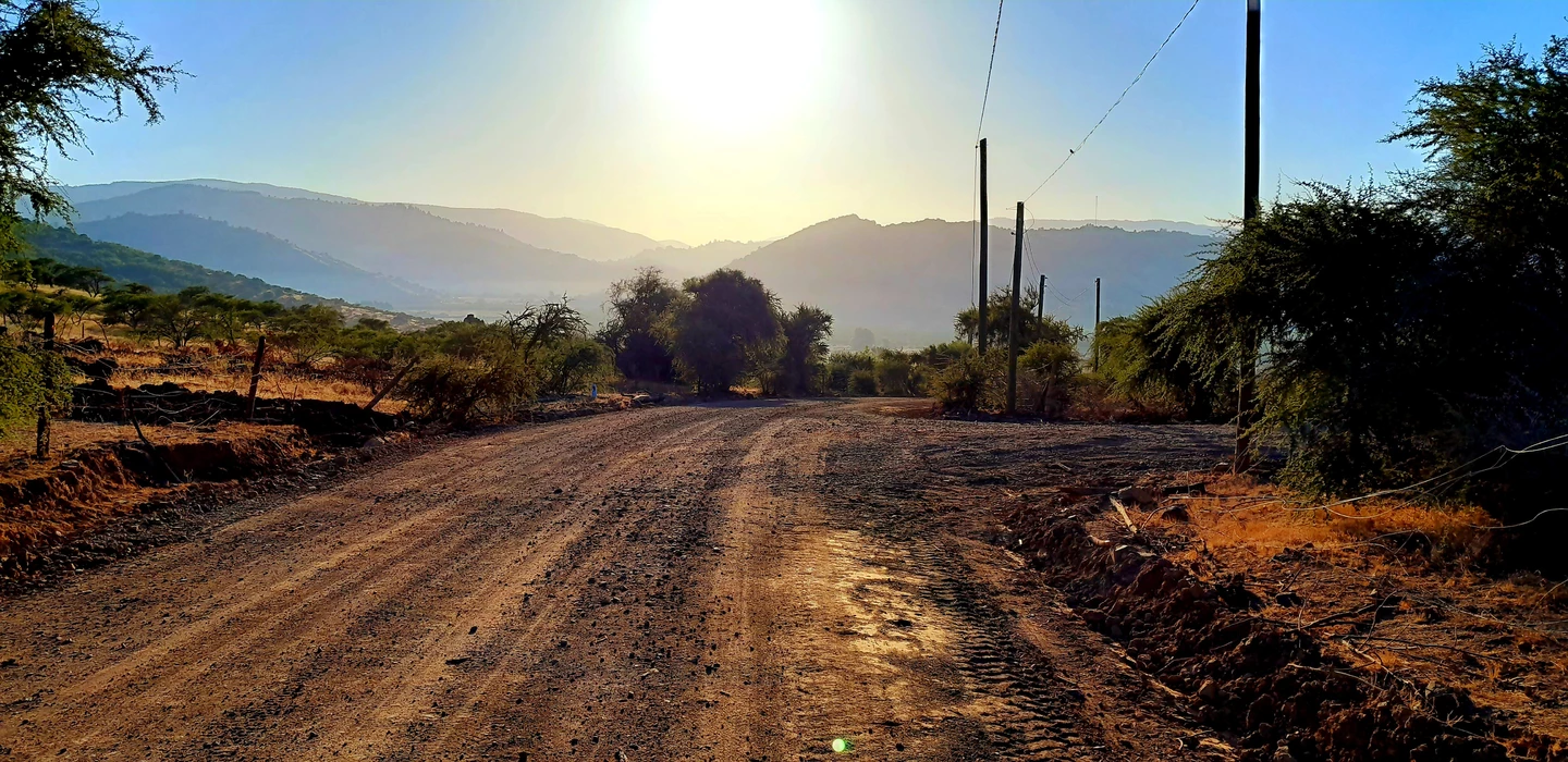 Unbefestigte Schotterpiste durch trockene Landschaft mit Kakteen, Bergrücken im Hintergrund und Stromleitungen
