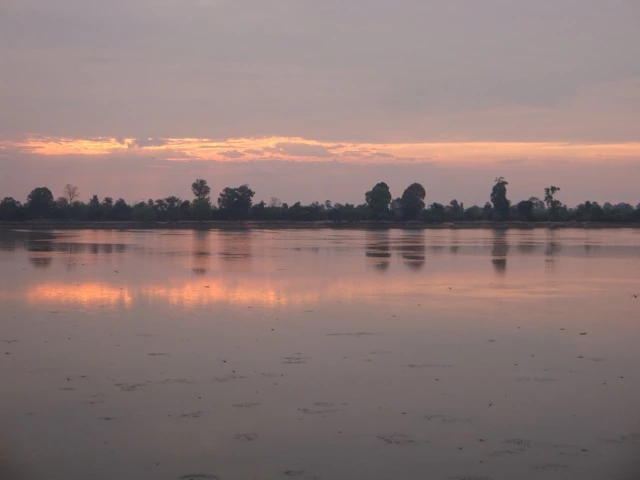 Ruhiger See spiegelt Bäume und Himmel im Morgengrauen, sanfte Pastellfarben und friedliche Wasserfläche