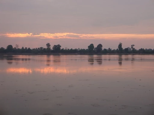 Ruhiger See spiegelt Bäume und Himmel im Morgengrauen, sanfte Pastellfarben und friedliche Wasserfläche