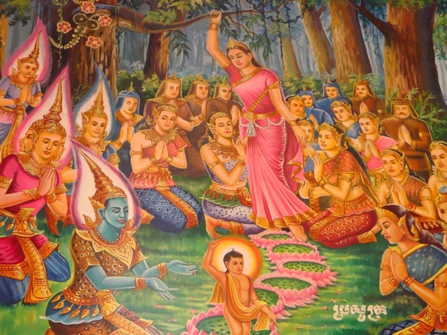 Traditionelles asiatisches Gemälde mit blauem Gott, Frauen in bunten Kostümen und religiöser Darstellung im Wald