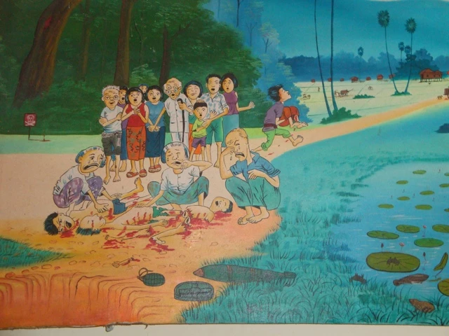 Illustration mit mehreren Personen, die Zeugen einer blutigen Szene mit am Boden liegenden Figuren werden