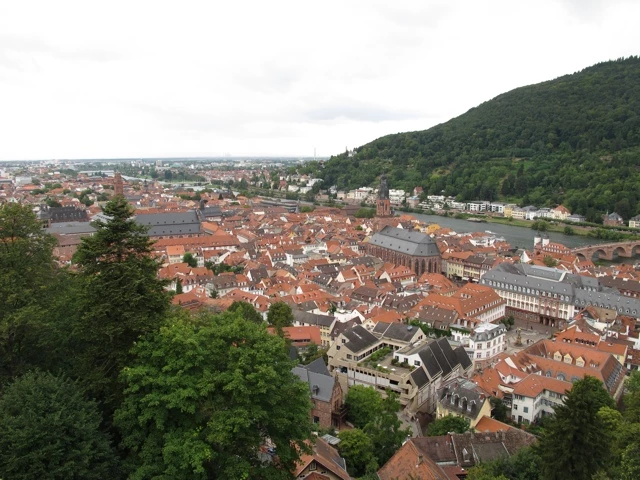 Panoramablick auf die historische Altstadt von Heidelberg mit roten Dächern, Kirche und Bergen im Hintergrund