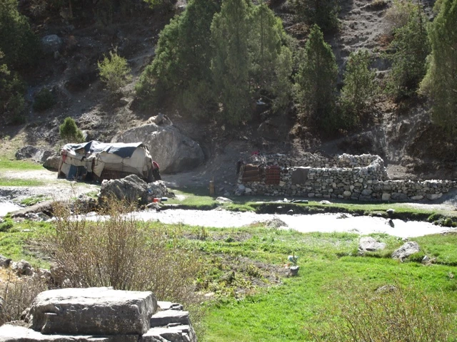 Felsige Berglandschaft mit Gras, Steinen, Büschen und Bäumen, ein Fluss schlängelt sich durch die Szenerie