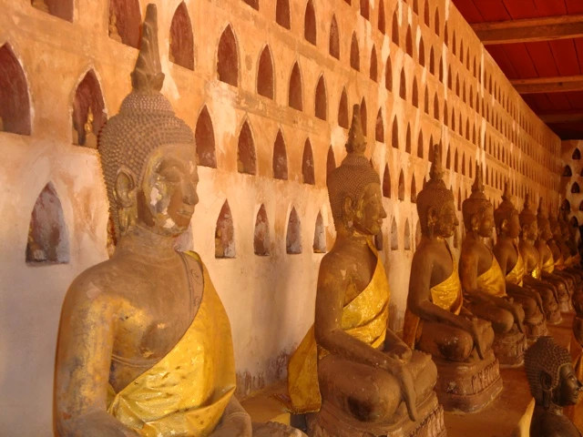 Reihe goldener Buddha-Statuen vor weißer Wand mit zahlreichen Nischen in einem historischen Tempel