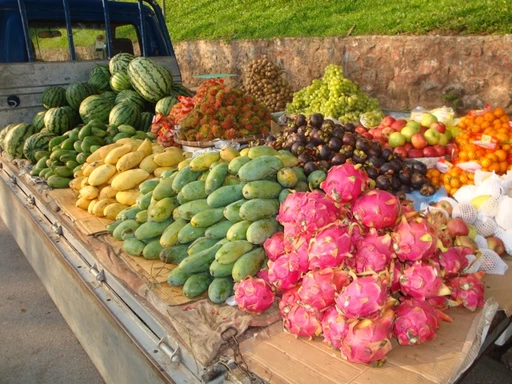 Lastwagen-Ladefläche mit verschiedenen Früchten wie Wassermelonen, Mangos, Drachenfrucht, Orangen und Ananas