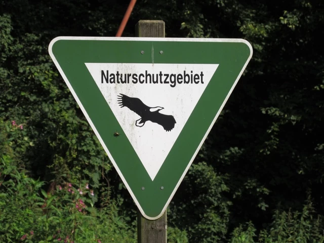 Dreieckiges grün-weißes Schild mit schwarzem Vogelsymbol und dem Text 'Naturschutzgebiet' vor dunklem Blattwerk