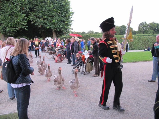 Mehrere Gänse laufen über einen Weg, neben ihnen ein Soldat in historischer Uniform mit Marschmütze